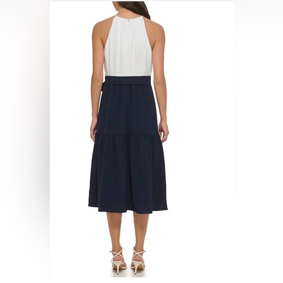 DKNY ivory navy blue colorblock Halter Sleeveless Tie Waist Tiered Dress size 12 - Picture 3 of 3